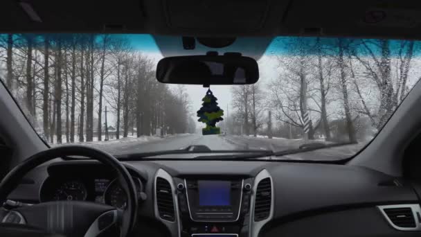 Guida in auto in tempo nuvoloso in inverno. vista dalla cabina — Video Stock