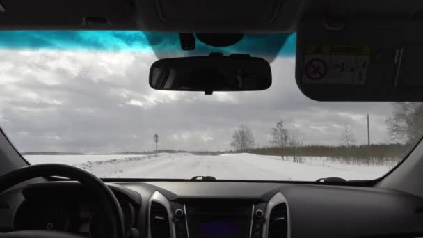 Rijden met de auto in bewolkt weer in de winter. uitzicht vanuit de cabine — Stockvideo