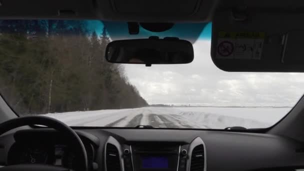 Rijden met de auto in bewolkt weer in de winter. uitzicht vanuit de cabine — Stockvideo