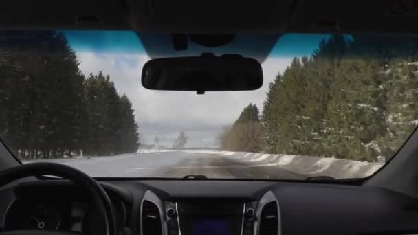 Conduite en voiture par temps nuageux en hiver. vue depuis la cabine — Video