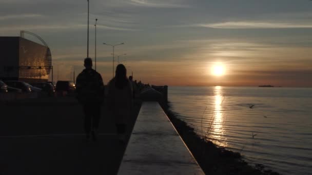 Siluetas de personas en el paseo marítimo de la ciudad durante el atardecer — Vídeos de Stock