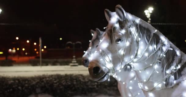 Cavalos com um festão de carruagem. Ano Novo decoração de rua — Vídeo de Stock