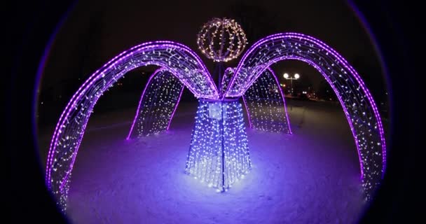 Świąteczne iluminacje w nocy w parku. efekt optyczny okrągłe rybie oko — Wideo stockowe