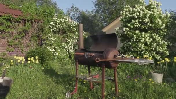 Домашній гриль для смаження шашликів — стокове відео