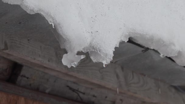 Сніг тане і краплі води крапля зі старого даху будинку — стокове відео