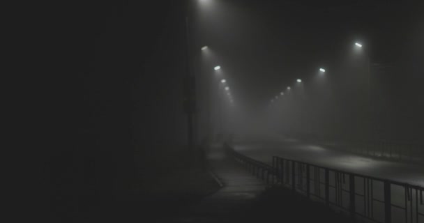 Långsam smidig rörelse på en tom mystisk dimmigt stadsgata på natten — Stockvideo