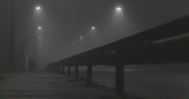 Langzame soepele beweging op een lege mysterieuze mistige stads straat 's nachts — Stockvideo