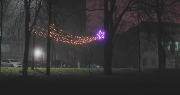 Verlichte decoratie in herfst Park 's nachts — Stockvideo