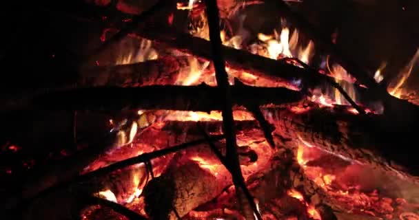 Φωτεινή φλόγα της φωτιάς και ζεστό ξύλο τη νύχτα — Αρχείο Βίντεο