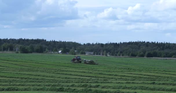 Сельскохозяйственный грузовик стрижет траву на лугу в осенний сезон — стоковое видео