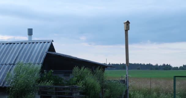 Houten schuur en Birdhouse op de achtergrond van de hemel — Stockvideo