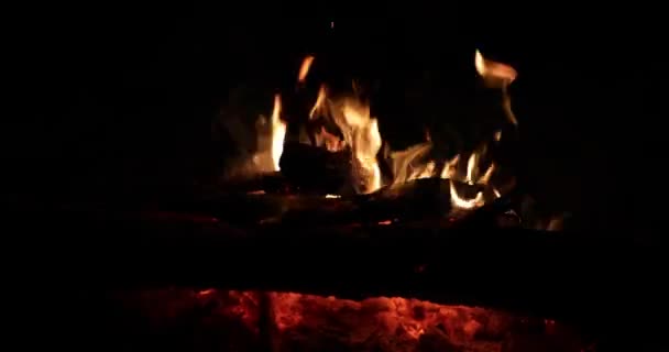 Fuoco luminoso e fervente di notte vicino alla casa — Video Stock