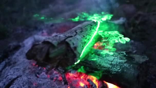 Fogo e fumaça à luz de um vídeo em câmera lenta a laser verde — Vídeo de Stock