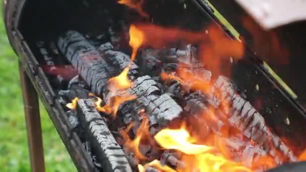 Fuego en la parrilla en la hora de verano en el video de cámara lenta durante el día — Vídeo de stock