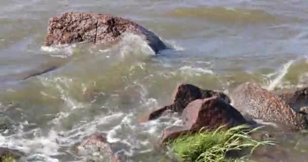 Piedras grandes y el mar en verano durante el día — Vídeos de Stock