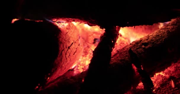 Brillante llama de fuego y madera caliente por la noche — Vídeos de Stock