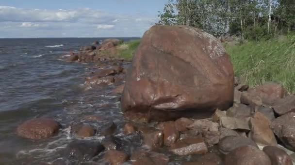 Güçlü rüzgar ile güneşli bir yaz gününde Baltık Denizi kıyıları boyunca yürüyüş — Stok video