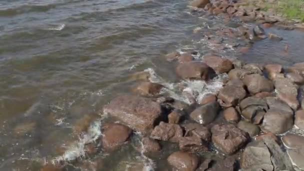 Olas lavan las piedras en la orilla del mar Báltico en un día ventoso de verano — Vídeos de Stock