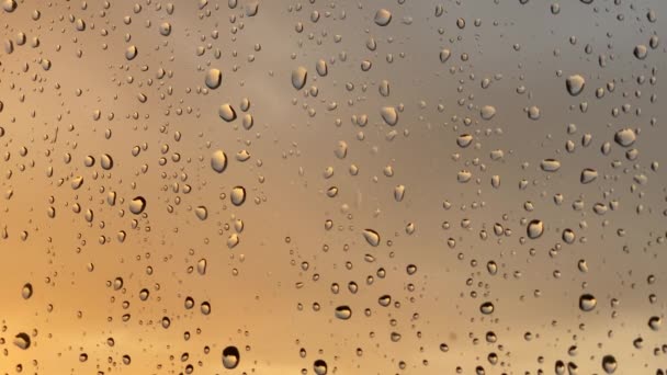 Regentropfen fließen durch das Glas gegen den Sonnenuntergang 4K-Video Nahaufnahme — Stockvideo