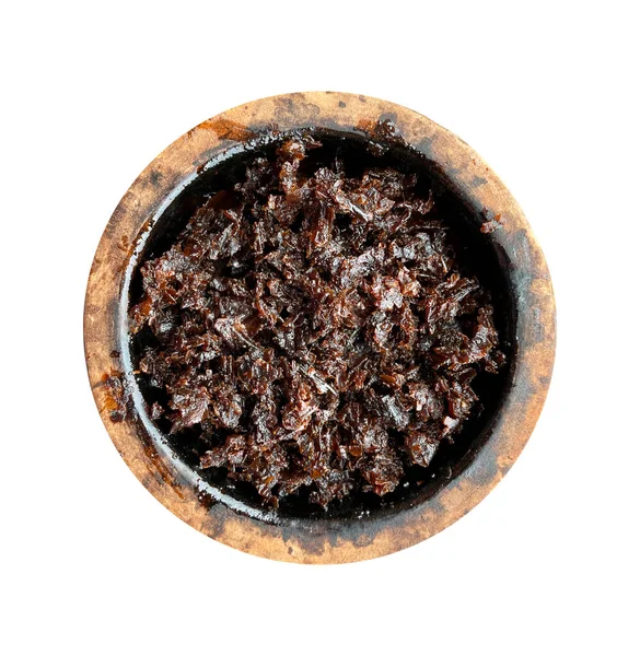 Tazón de barro con tabaco para fumar hookah vista superior sobre un fondo blanco aislado —  Fotos de Stock