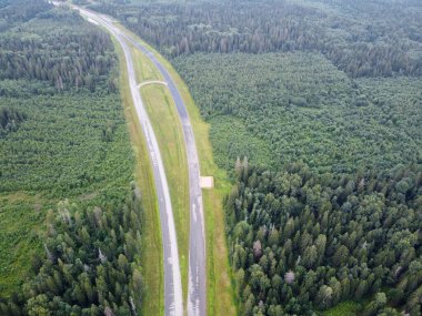 Gündüz vakti hava fotoğrafında yaz ormanlarında yol.