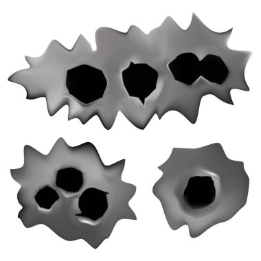 Metal bir yüzeyde, beyaz izole edilmiş bir zeminde kurşunlardan oluşan delikler.