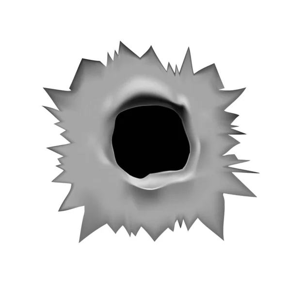 弾丸の穴。白い孤立した背景に金属表面の弾丸から貫通穴のベクトルイラスト — ストックベクタ
