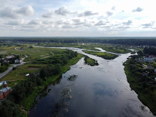 top view, river flows, aerial photography