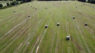 Hasattan sonra tarladaki kare saman balyalarının havadan görünüşü