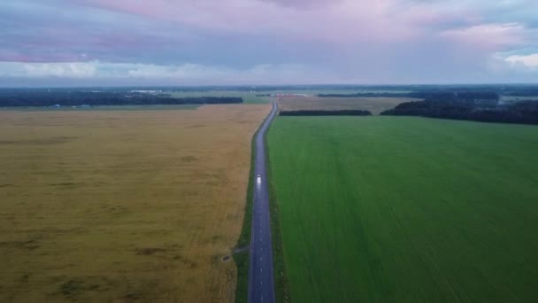 První osoba video, dron letící mezi dvěma poli při západu slunce — Stock video