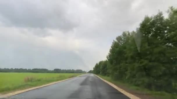 Viajando de carro durante uma chuva de verão em uma estrada rural — Vídeo de Stock