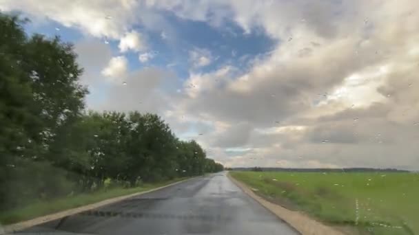 Voyager en voiture lors d'une pluie estivale sur une route de campagne — Video