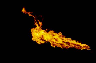 Ateş, alev siyah bir arka plan üzerinde. Ateş reklam için. Parlak kırmızı ve sarı renkler alışılmadık bir oyun.