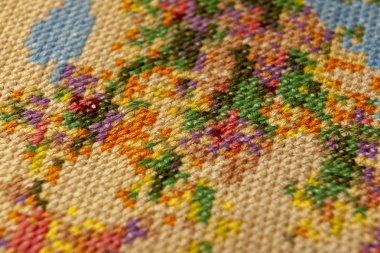 Kanaviçe işi. Makro fotoğrafçılık nakış siteleri. Netlik küçük bir blöf ile ateş. Tuval üzerinde parlak desenleri.