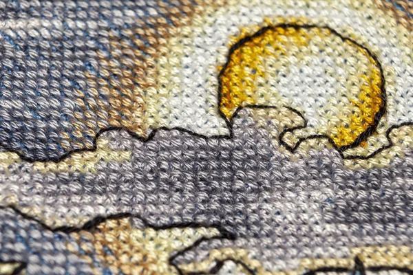 Kanaviçe işi. Makro fotoğrafçılık nakış siteleri. Netlik küçük bir blöf ile ateş. Tuval üzerinde parlak desenleri.