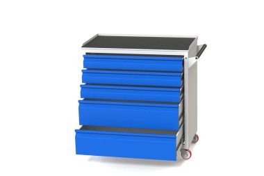 Metal araç tekerlekli çekmeceli dolap-tablo. Araçları ve yedek parçaları saklamak için uygun bir yer. Hizmet garaj alet kutusu. 3D model işleme yukarıdan çekim için tablo.