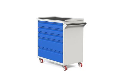 Metal araç tekerlekli çekmeceli dolap-tablo. Araçları ve yedek parçaları saklamak için uygun bir yer. Hizmet garaj alet kutusu. 3D model işleme yukarıdan çekim için tablo.