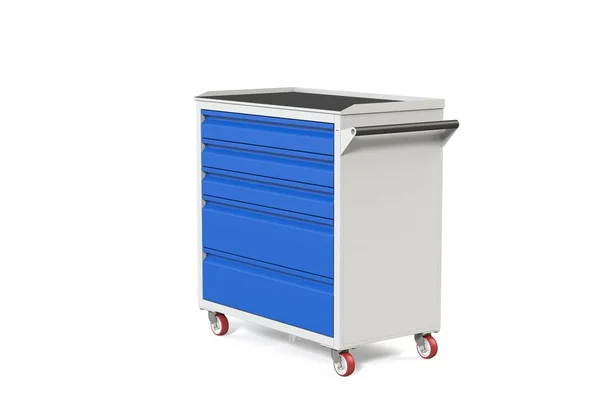 stock image Metal tool cabinet-table on wheels with drawers. A convenient place for storing tools and spare parts. Service Garage Tools Box. 3D-model rendering of the table for shooting from above.