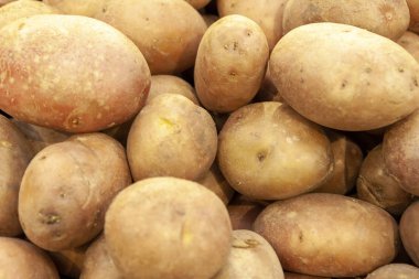 Taze organik patates üstten görünüm yığını kapat. Patates kök yığını. Sebze püresi patates, patates kızartması, fiş için. 