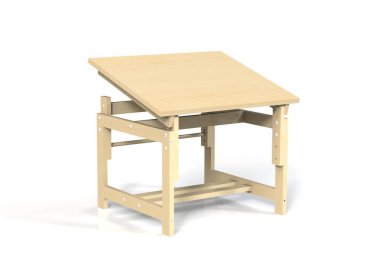 Çocuk beyaz bir arka plan üzerinde küçük ahşap masa. İzole et. 3D modeli çocuk Resepsiyon render.