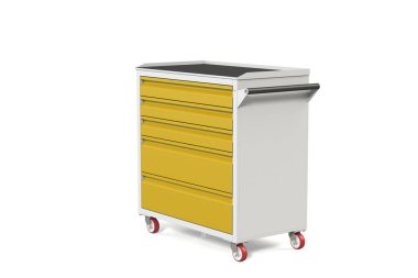 Metal araç tekerlekli çekmeceli dolap-tablo. Araçları ve yedek parçaları saklamak için uygun bir yer. Hizmet garaj alet kutusu. 3D model işleme yukarıdan çekim için tablo.