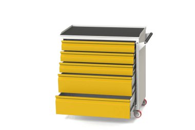 Metal araç tekerlekli çekmeceli dolap-tablo. Araçları ve yedek parçaları saklamak için uygun bir yer. Hizmet garaj alet kutusu. 3D model işleme yukarıdan çekim için tablo.