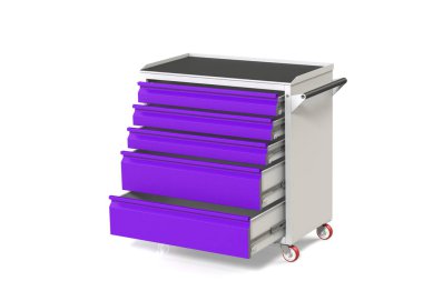 Metal araç tekerlekli çekmeceli dolap-tablo. Araçları ve yedek parçaları saklamak için uygun bir yer. Hizmet garaj alet kutusu. 3D model işleme yukarıdan çekim için tablo.