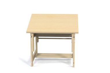 Çocuk beyaz bir arka plan üzerinde küçük ahşap masa. İzole et. 3D modeli çocuk Resepsiyon render.