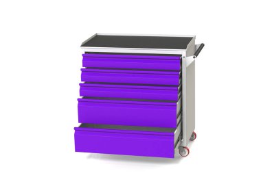 Metal araç tekerlekli çekmeceli dolap-tablo. Araçları ve yedek parçaları saklamak için uygun bir yer. Hizmet garaj alet kutusu. 3D model işleme yukarıdan çekim için tablo.