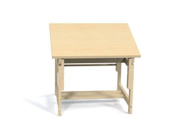 Çocuk beyaz bir arka plan üzerinde küçük ahşap masa. İzole et. 3D modeli çocuk Resepsiyon render.