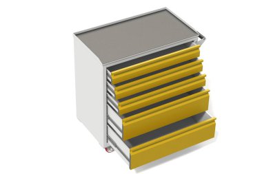 Metal araç tekerlekli çekmeceli dolap-tablo. Araçları ve yedek parçaları saklamak için uygun bir yer. Hizmet garaj alet kutusu. 3D model işleme yukarıdan çekim için tablo.