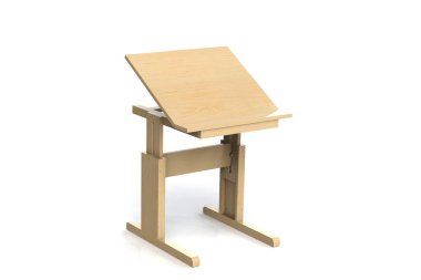Çocuk küçük ahşap masa. Beyaz bir arka plan üzerinde ayarlanabilir yükseklik ile okul masası. İzole. 3D modeli işlemek.