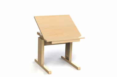 Çocuk küçük ahşap masa. Beyaz bir arka plan üzerinde ayarlanabilir yükseklik ile okul masası. İzole. 3D modeli işlemek.