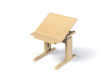 Çocuk küçük ahşap masa. Beyaz bir arka plan üzerinde ayarlanabilir yükseklik ile okul masası. İzole. 3D modeli işlemek.